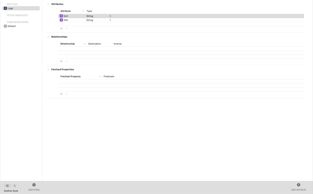 The Core Data file for my project. There is one entity, "logs," which has two attributes, "title" and "text".